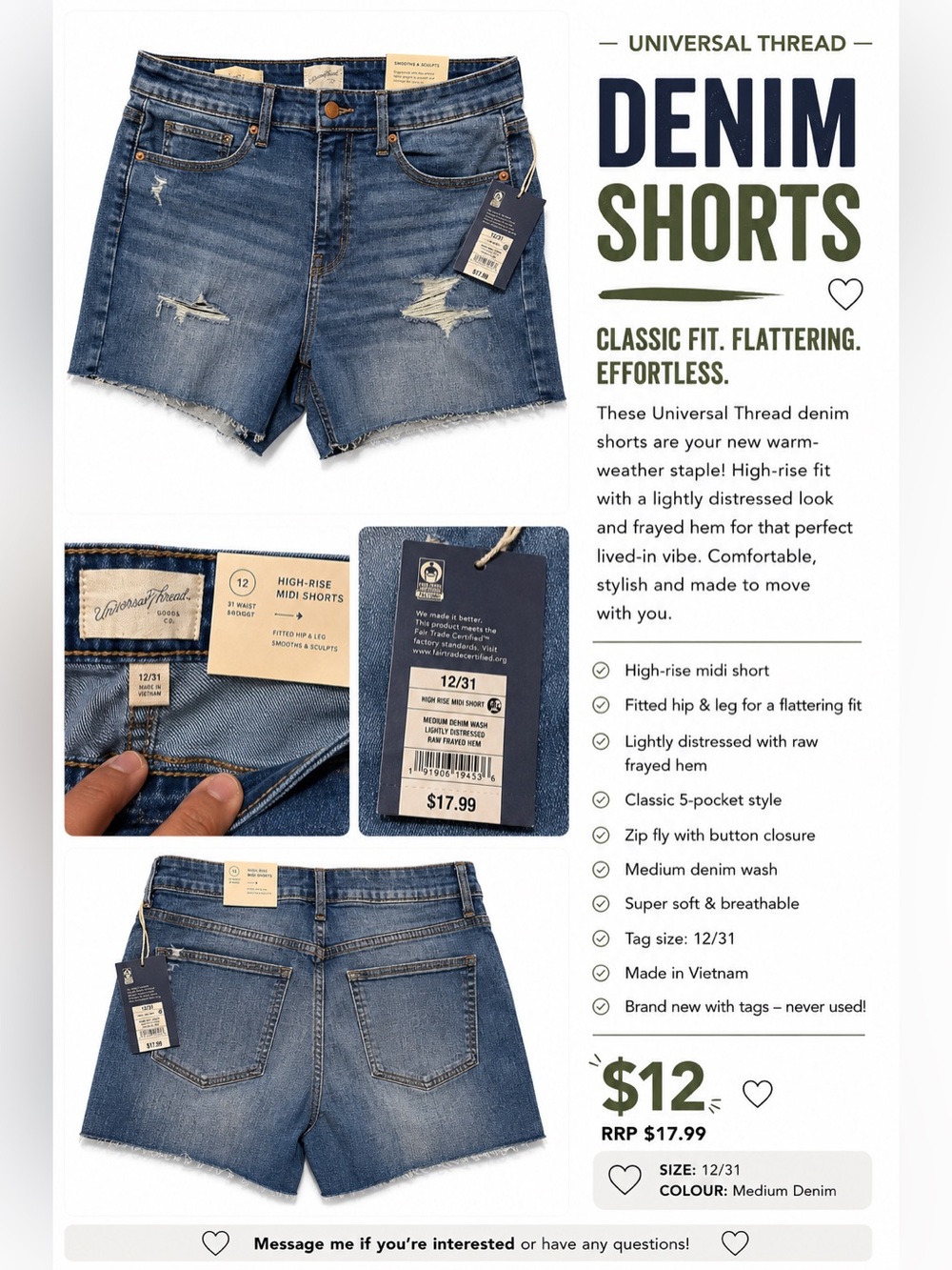 Universal Thread Blue Distressed High Rise Midi Denim Shorts